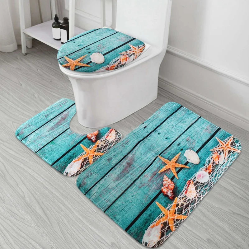 Beach Seashells Starfish Bath Mat Set Non-Slip Toilet Mat 3-Piece