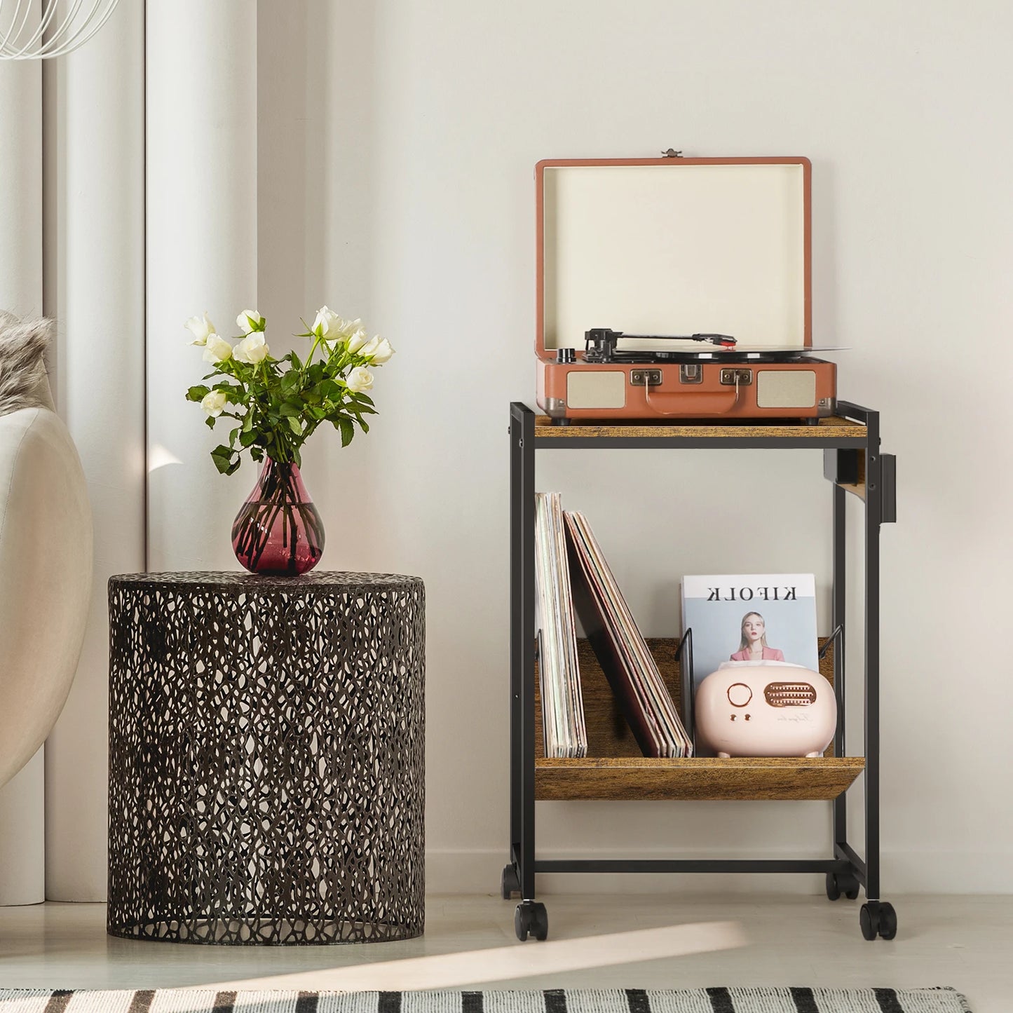 Record Player Stand With Vinyl Storage And Charging Station