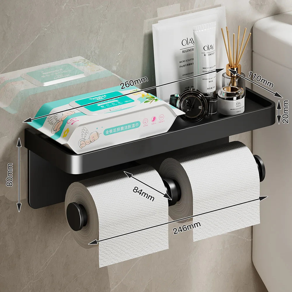 Wall Mounted Aluminum Double Toilet Paper Holder With Storage Tray