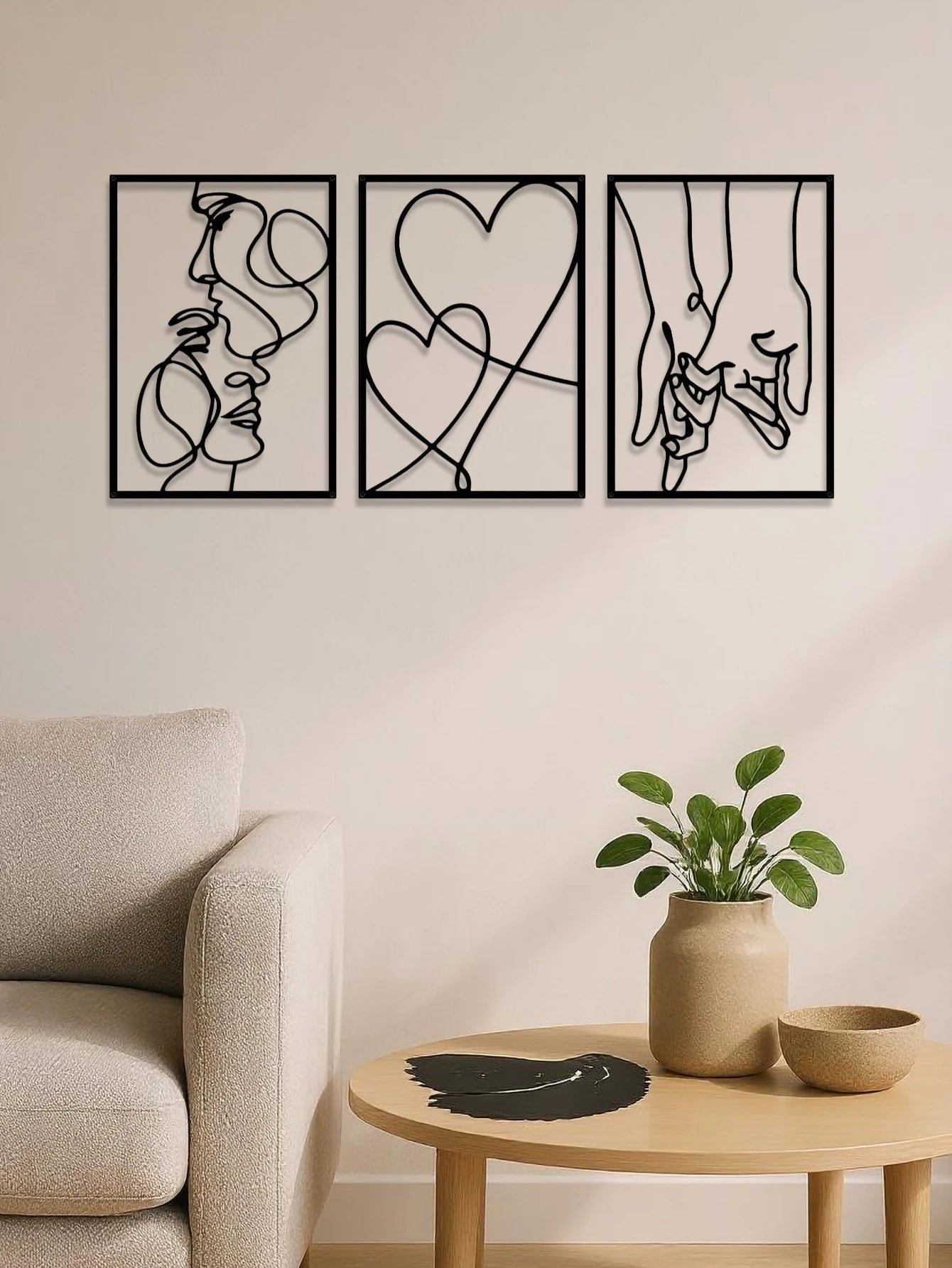 Minimalist Romantic Metal Wall Art Set 3 Pieces Couple Silhouette
