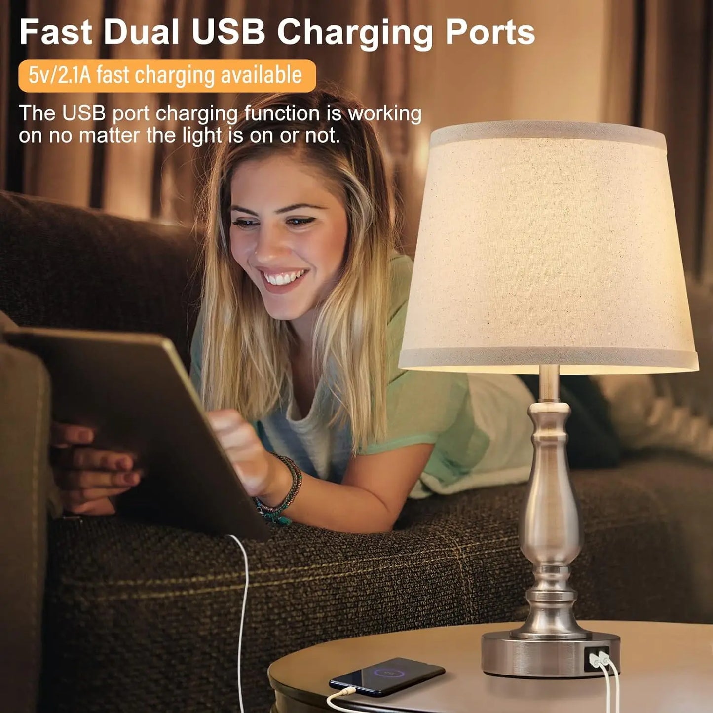 Set Of 2 Dimmable Bedside Lamps With USB Ports Included