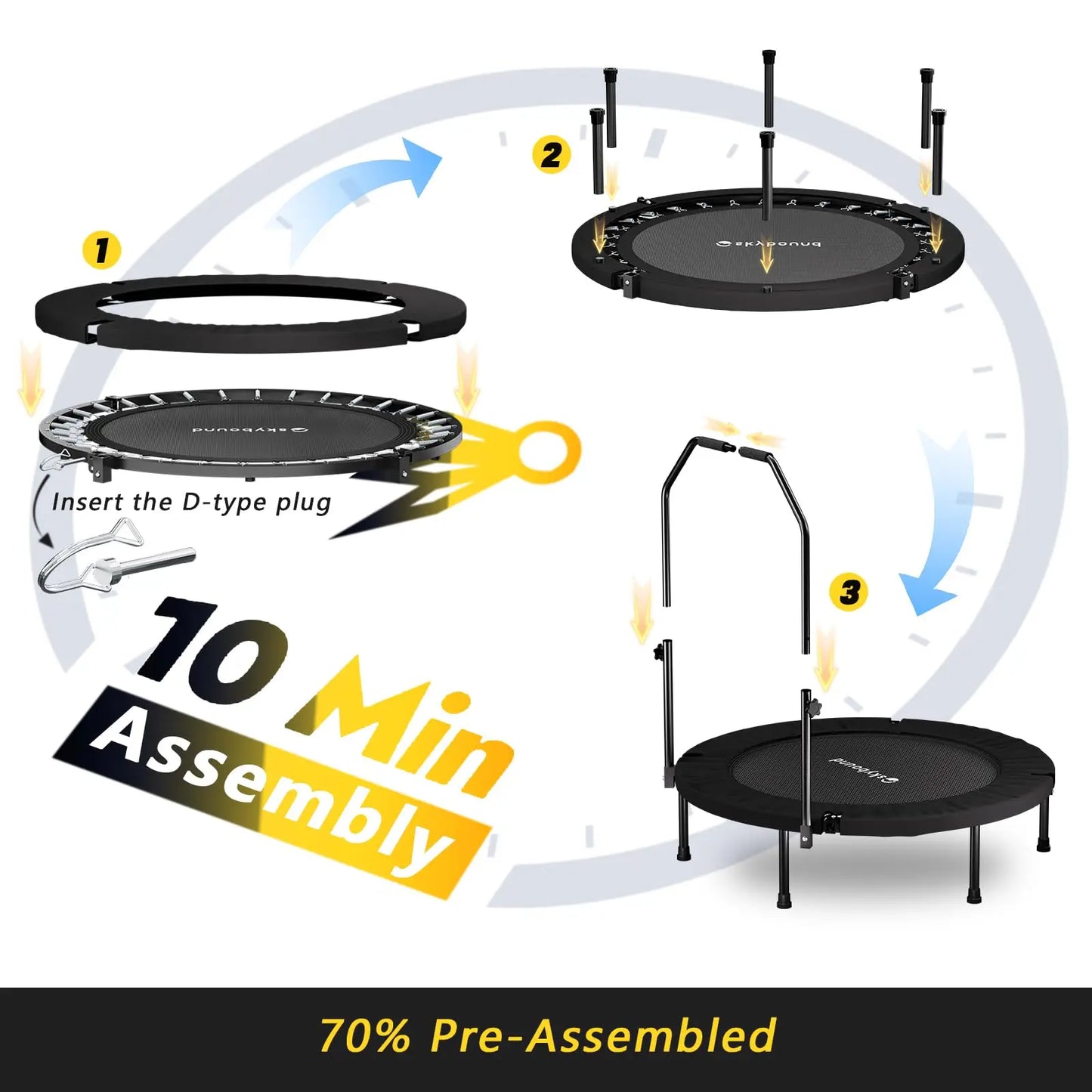Foldable Rebounder Trampoline With Adjustable U Bar Handle 350 Lbs