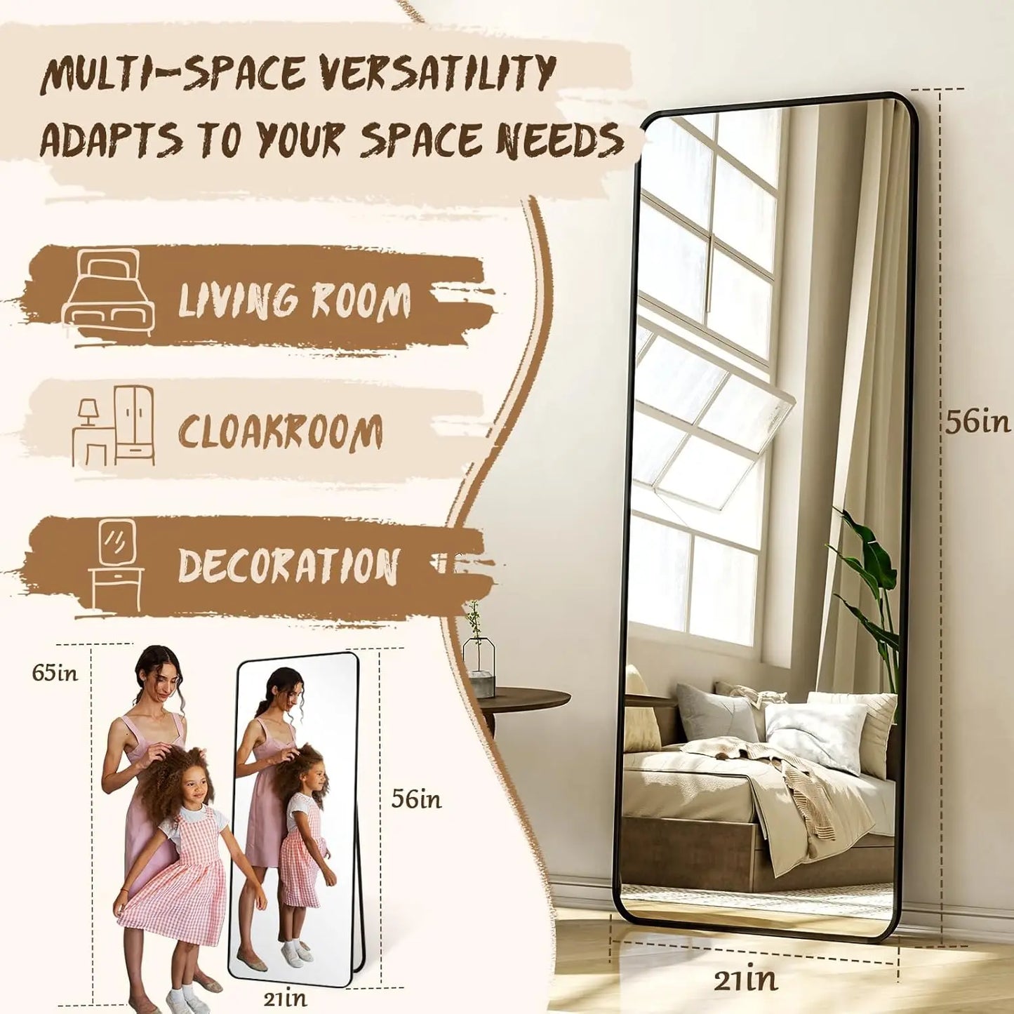 56"x21" Floor Full Length Mirror Standing Full Body Rounded Corner Rectangle Mirrors with Stand Hanging Wall Mounted Leaning Bed