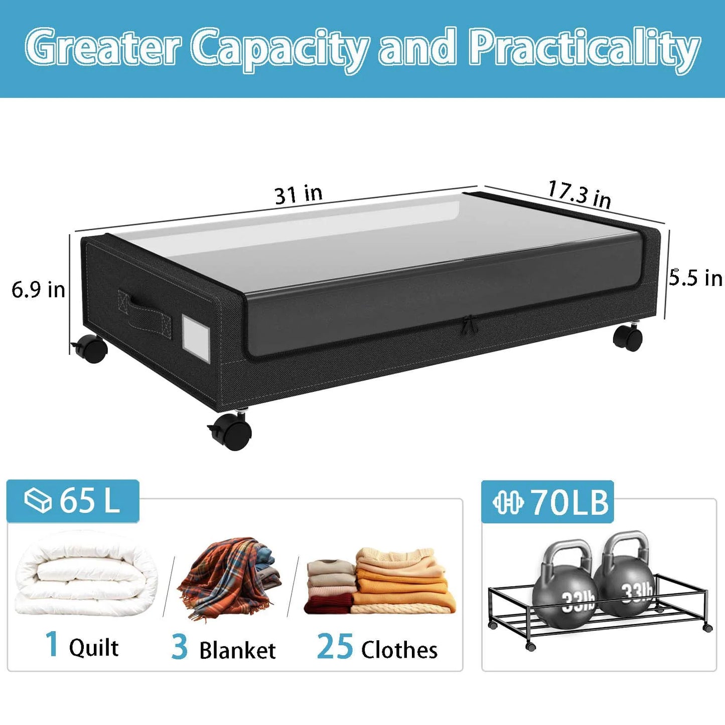 Under Bed Storage Bins With Wheels 2 Pack Clear Lids
