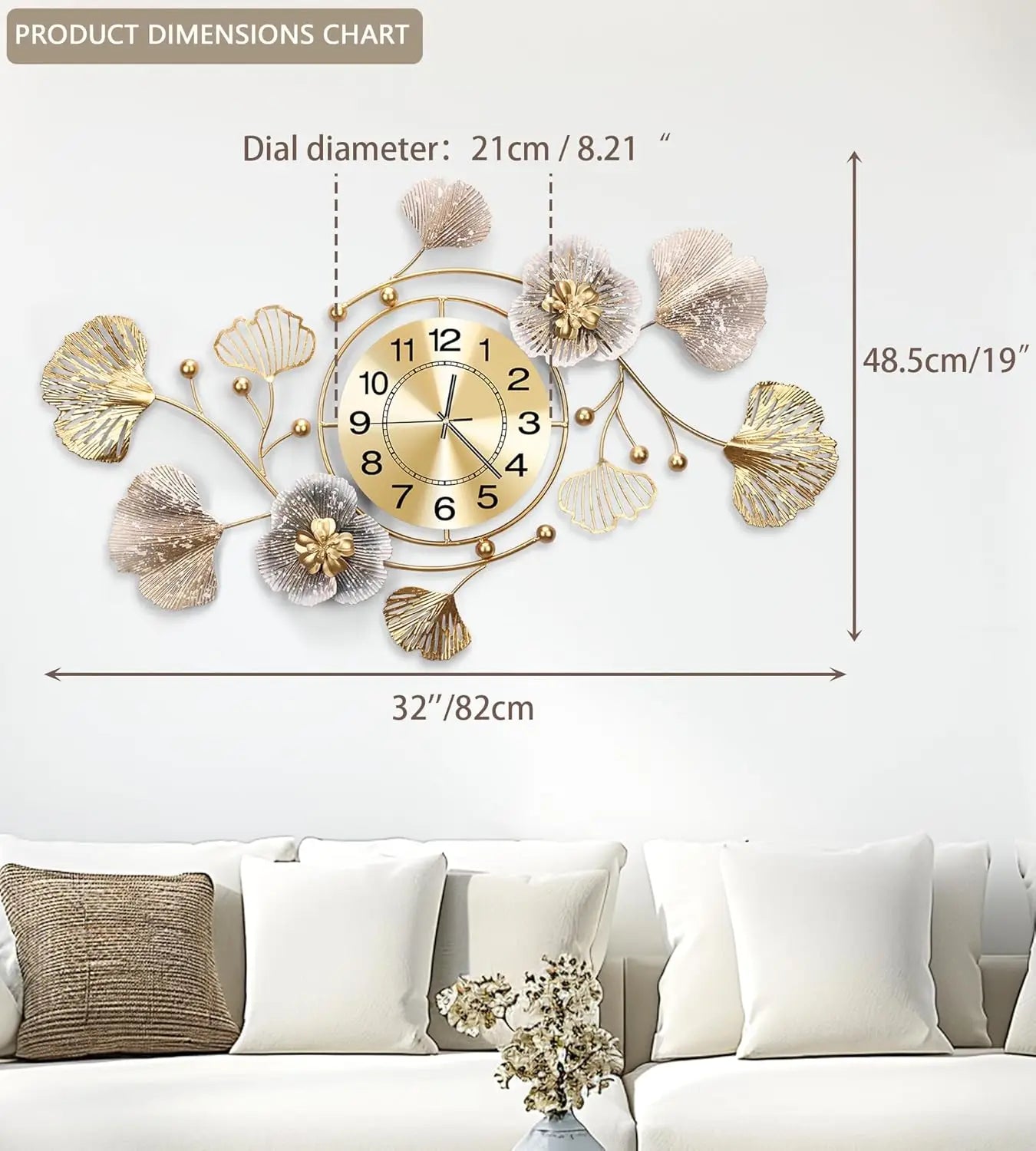 Silent Wall Clock With Retro Ginkgo Leaf 3D Art Decor