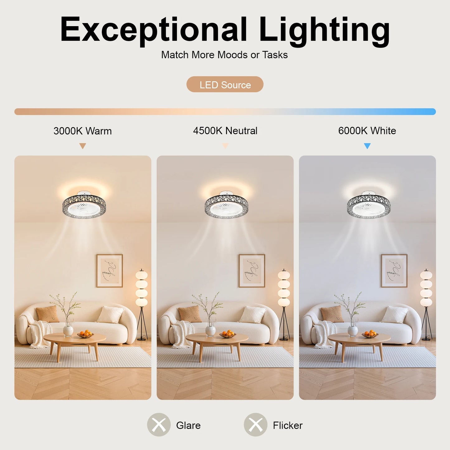 Bird's Nest Ceiling Fan Light 48W LED 3 Color Temperature 6 Wind Speed 1/2/4/8H Timer Pure Copper Motor Reversible Fan Remote Control Fan Lamp For Bedroom Living Room