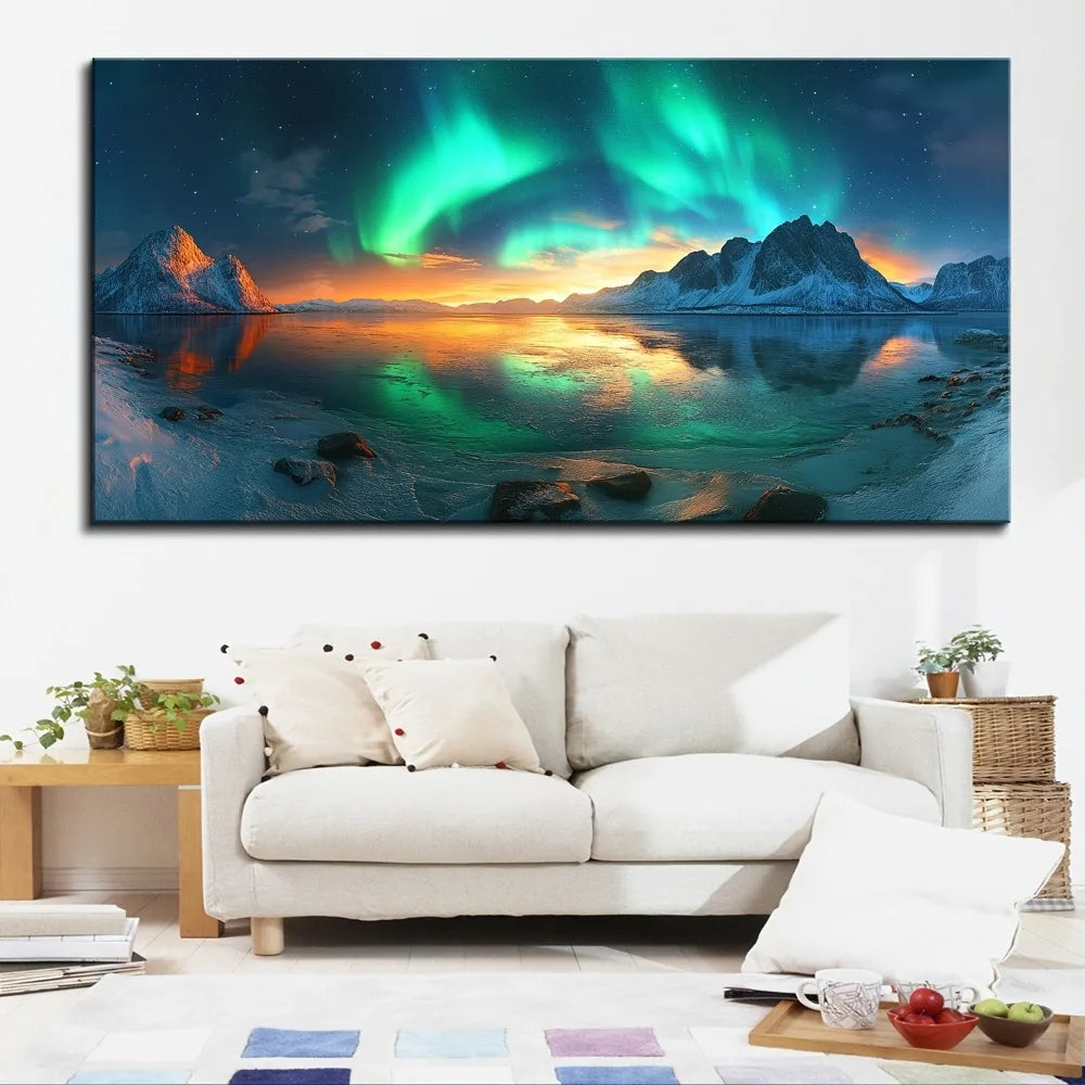 Pine Frame Snow Mountain Aurora Landscape Painting Wall Decor