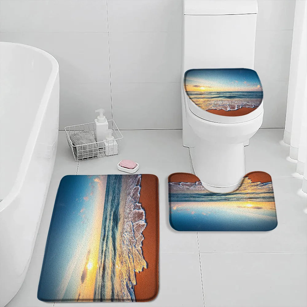 NONECN Beach Seascape Bath Mat Set 3 Piece Non Slip