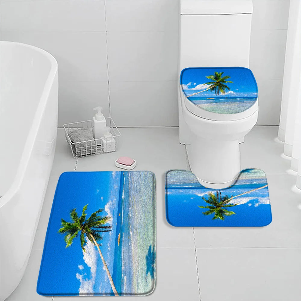 NONECN Beach Seascape Bath Mat Set 3 Piece Non Slip