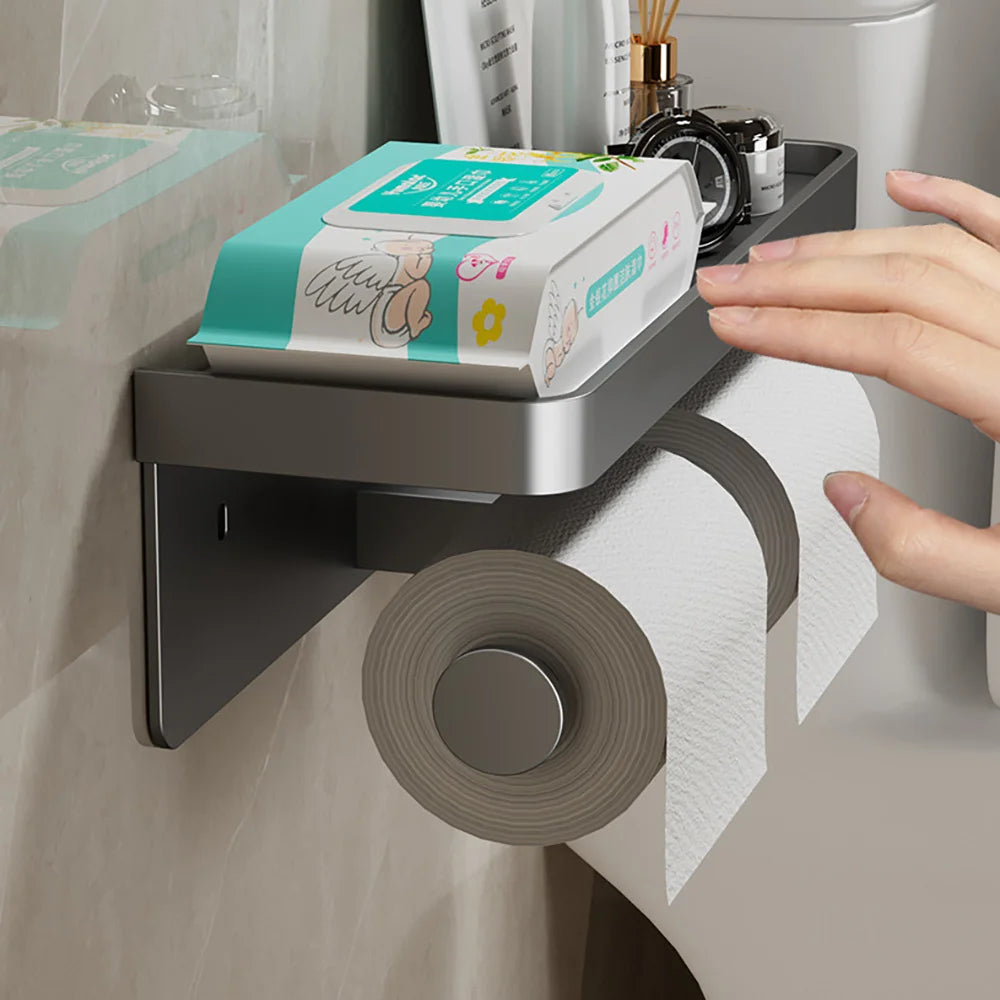 Wall Mounted Aluminum Double Toilet Paper Holder With Storage Tray