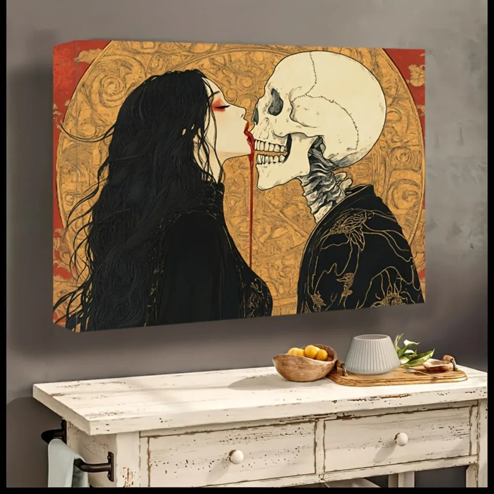 Halloween Horror Skull And Beauty Canvas Poster Solid Wood Frame