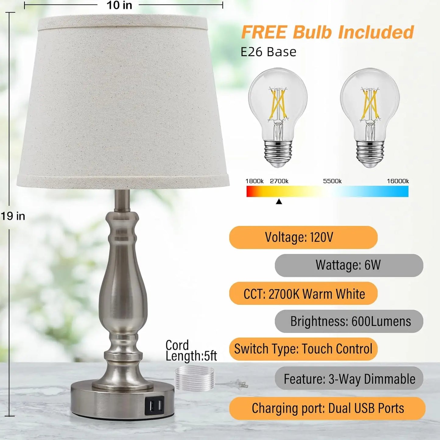 Set Of 2 Dimmable Bedside Lamps With USB Ports Included