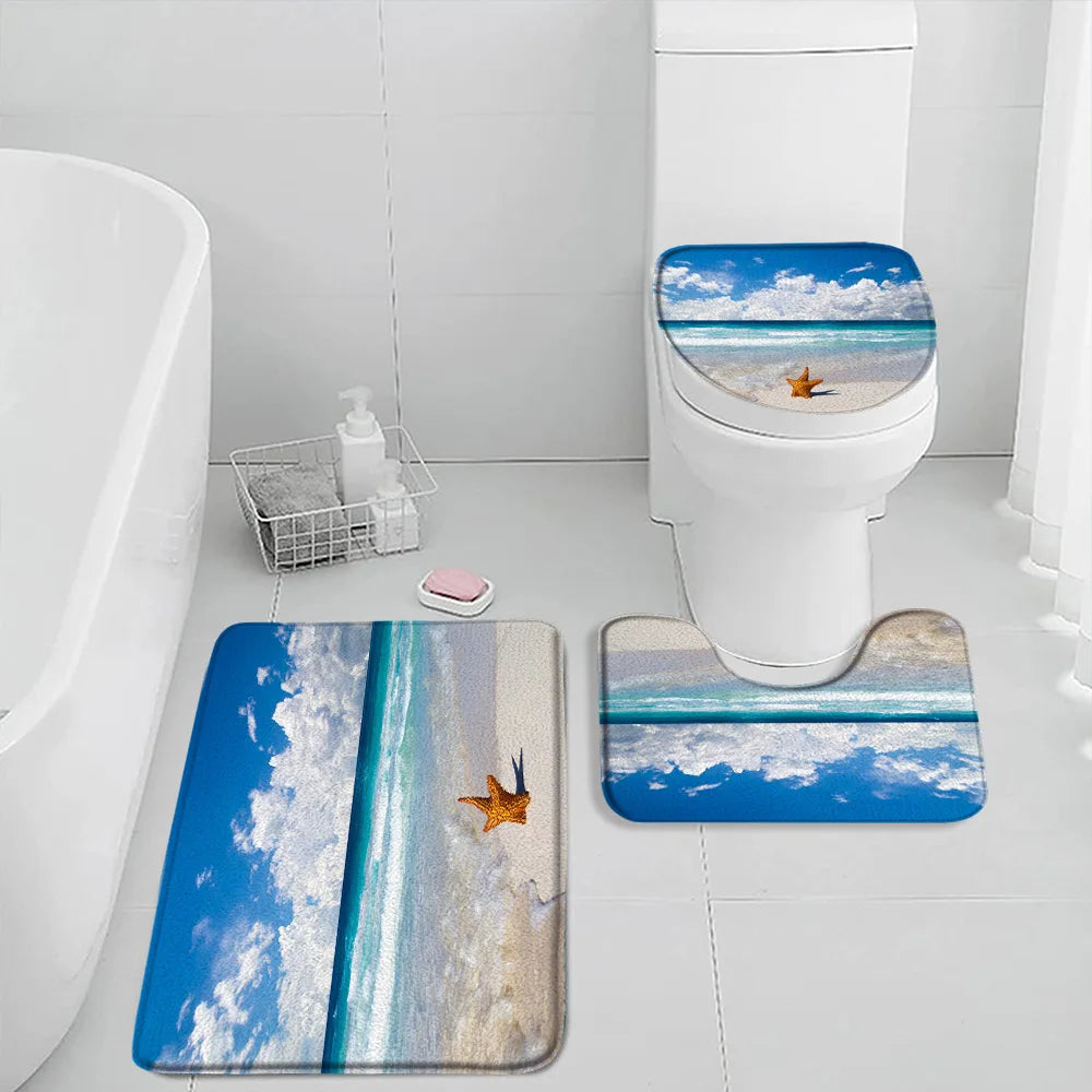 NONECN Beach Seascape Bath Mat Set 3 Piece Non Slip