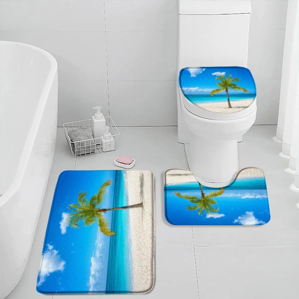 NONECN Beach Seascape Bath Mat Set 3 Piece Non Slip