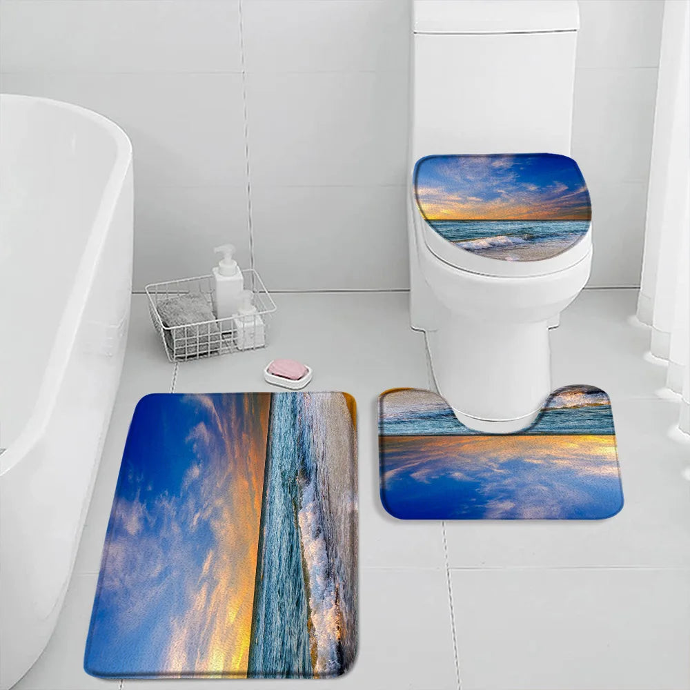NONECN Beach Seascape Bath Mat Set 3 Piece Non Slip