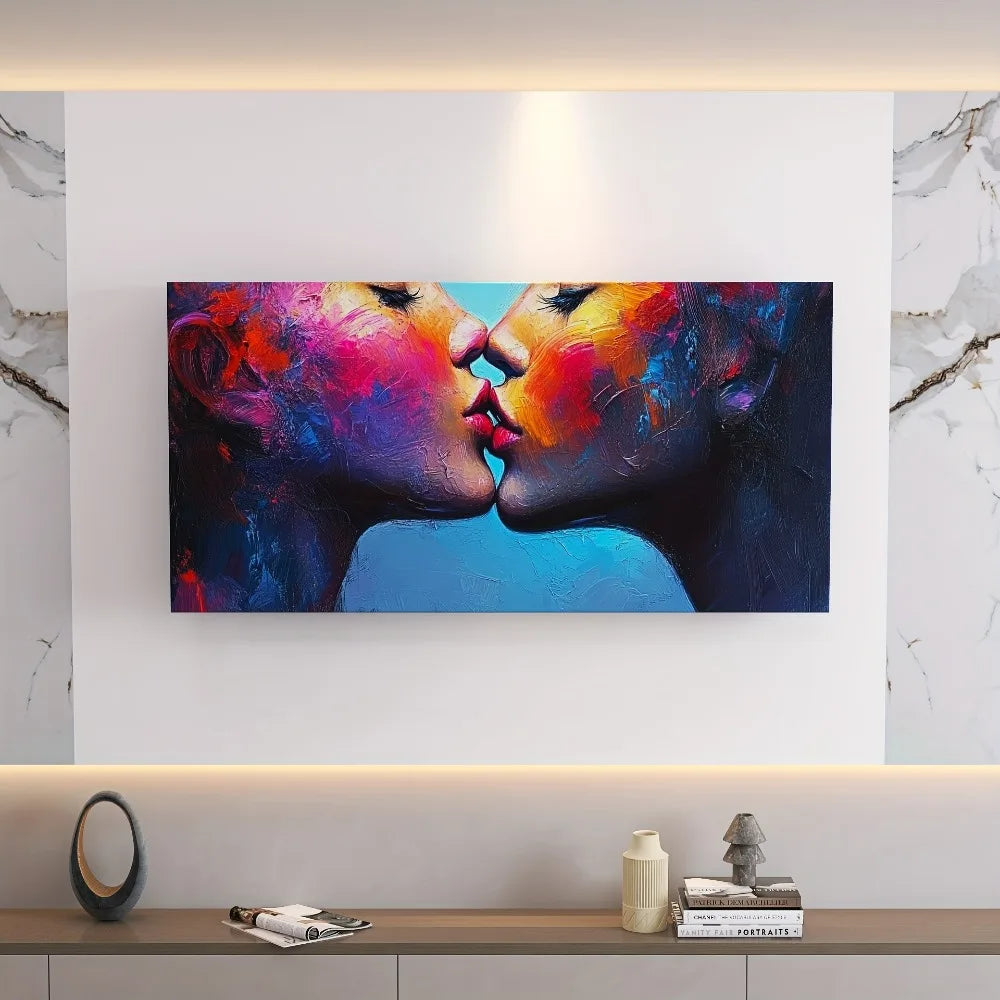 Female Kissing Poster With Solid Wood Frame For Living Room Bedroom Hallway