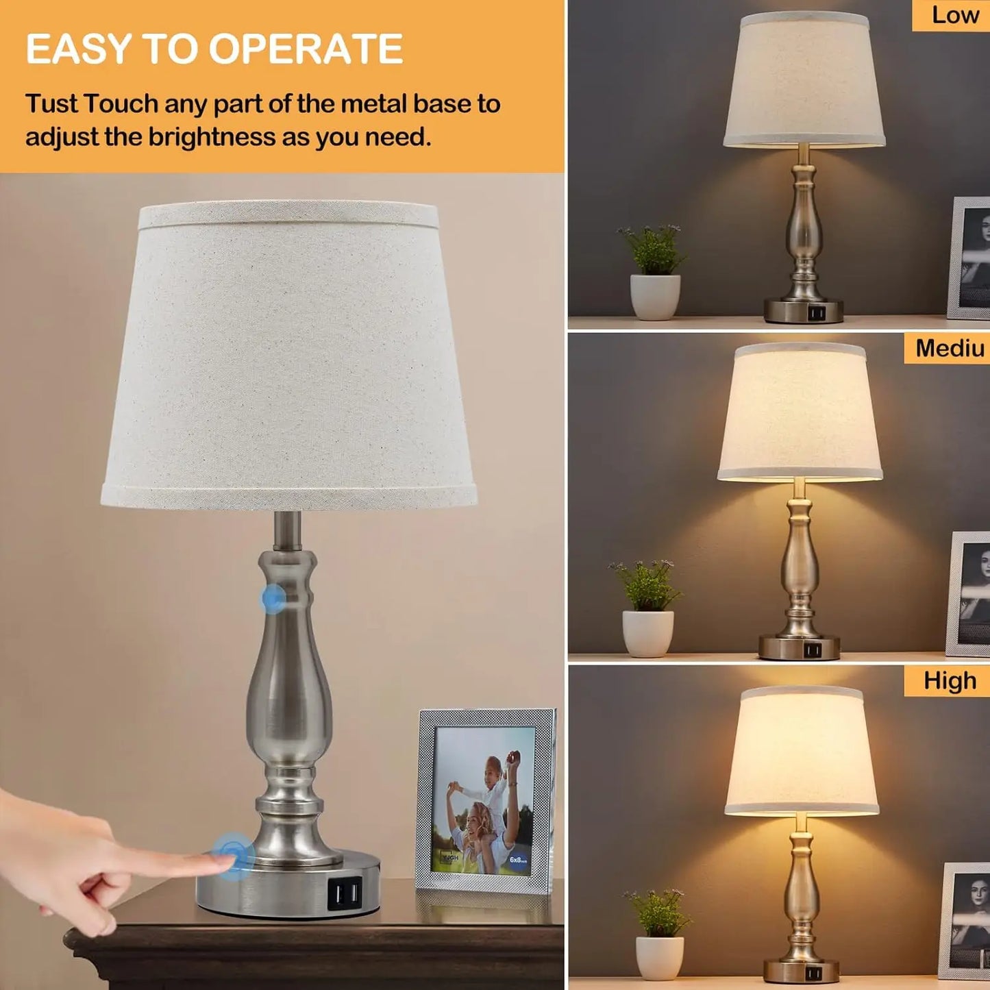 Set Of 2 Dimmable Bedside Lamps With USB Ports Included