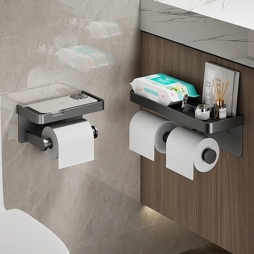 Wall Mounted Aluminum Double Toilet Paper Holder With Storage Tray