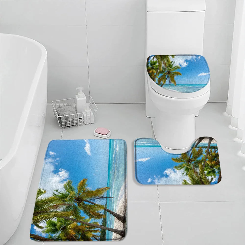 NONECN Beach Seascape Bath Mat Set 3 Piece Non Slip