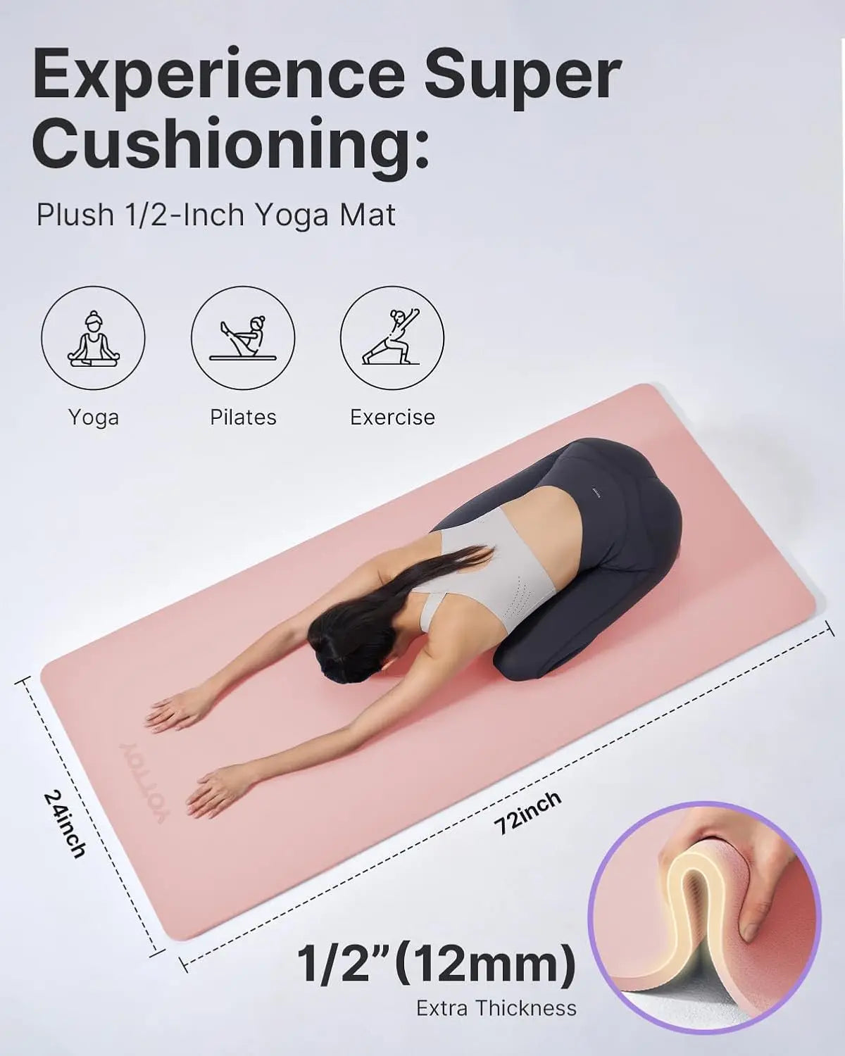 Yoga Mat, Extra Thick TPE Exercise Mat 1/2 inch, Non-Slip Workout Mat for Yoga Pilates Fitness with Strap