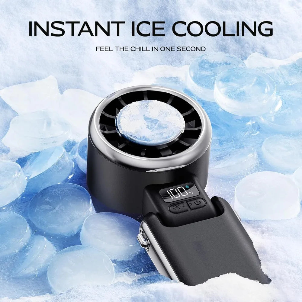 Portable Handheld Fan with Ice Cooling - 5 Speed Turbo, 13H Battery, Foldable Mini Fan for Travel, Beach, Gifts (Black)