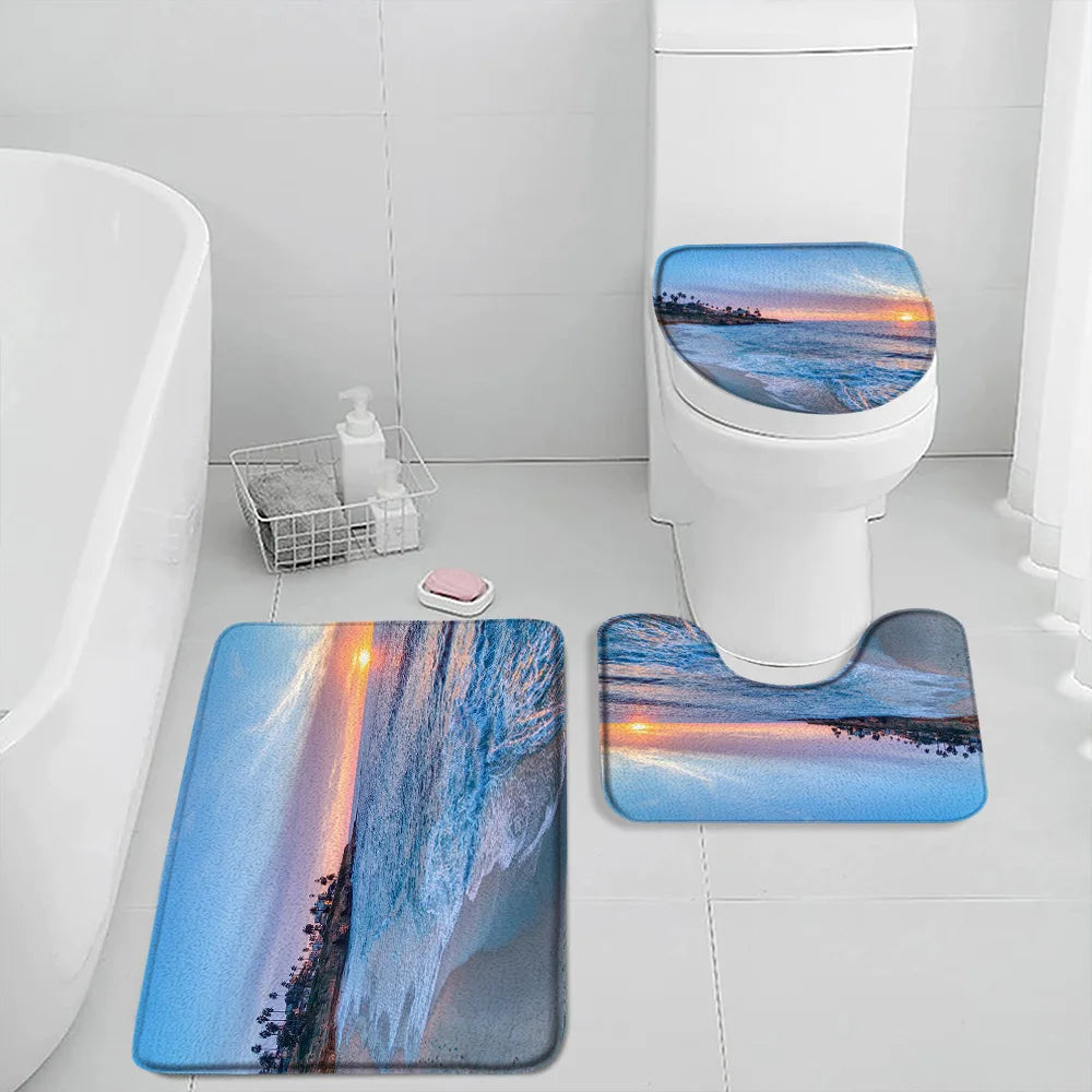 NONECN Beach Seascape Bath Mat Set 3 Piece Non Slip