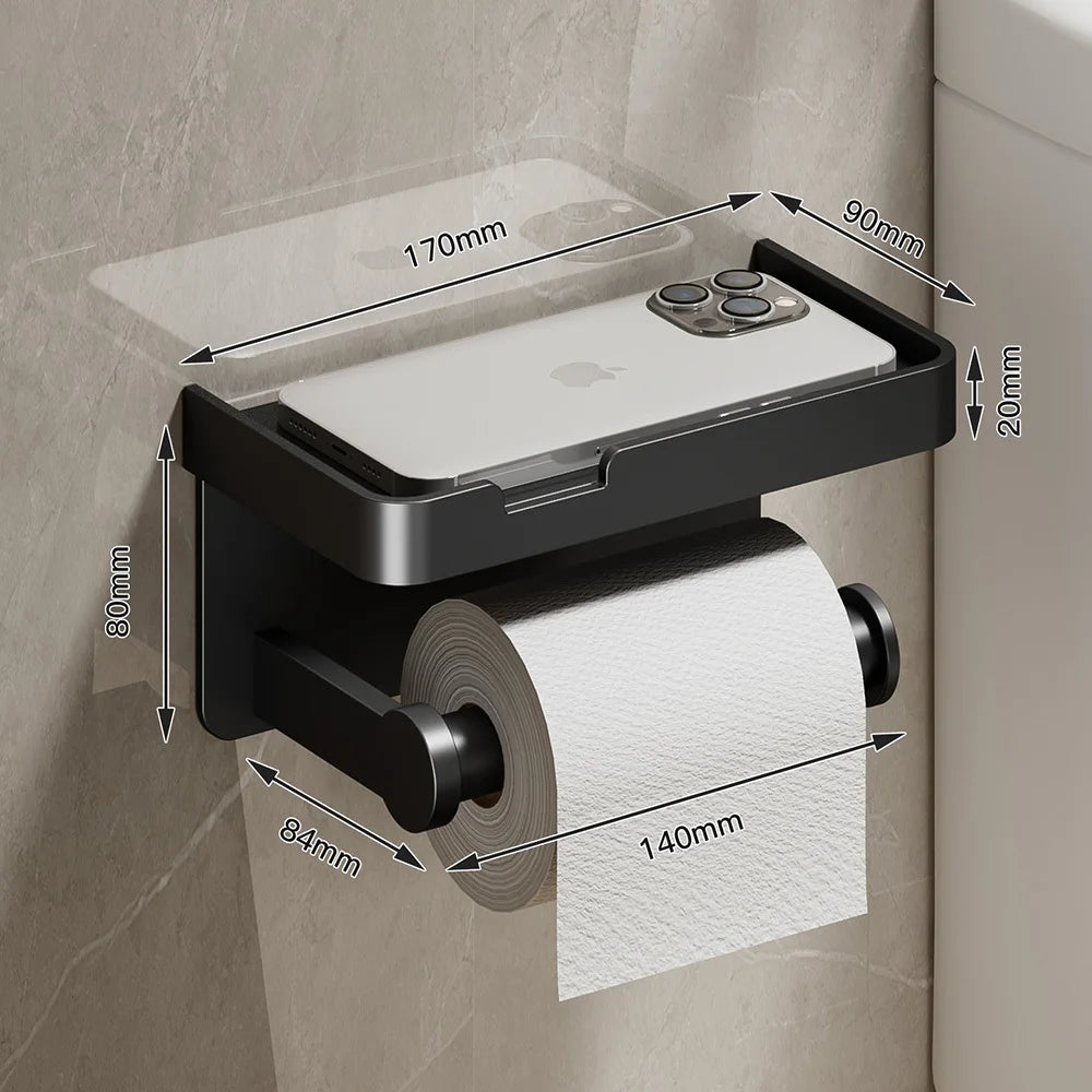 Wall Mounted Aluminum Double Toilet Paper Holder With Storage Tray