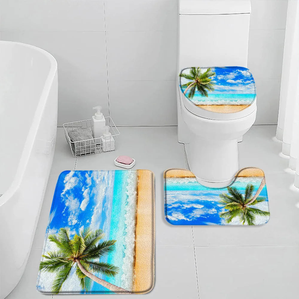 NONECN Beach Seascape Bath Mat Set 3 Piece Non Slip