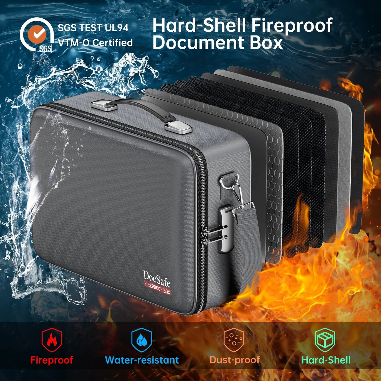 Fireproof Document Box With Lock Hard Case Water Resistant Home Office Travel