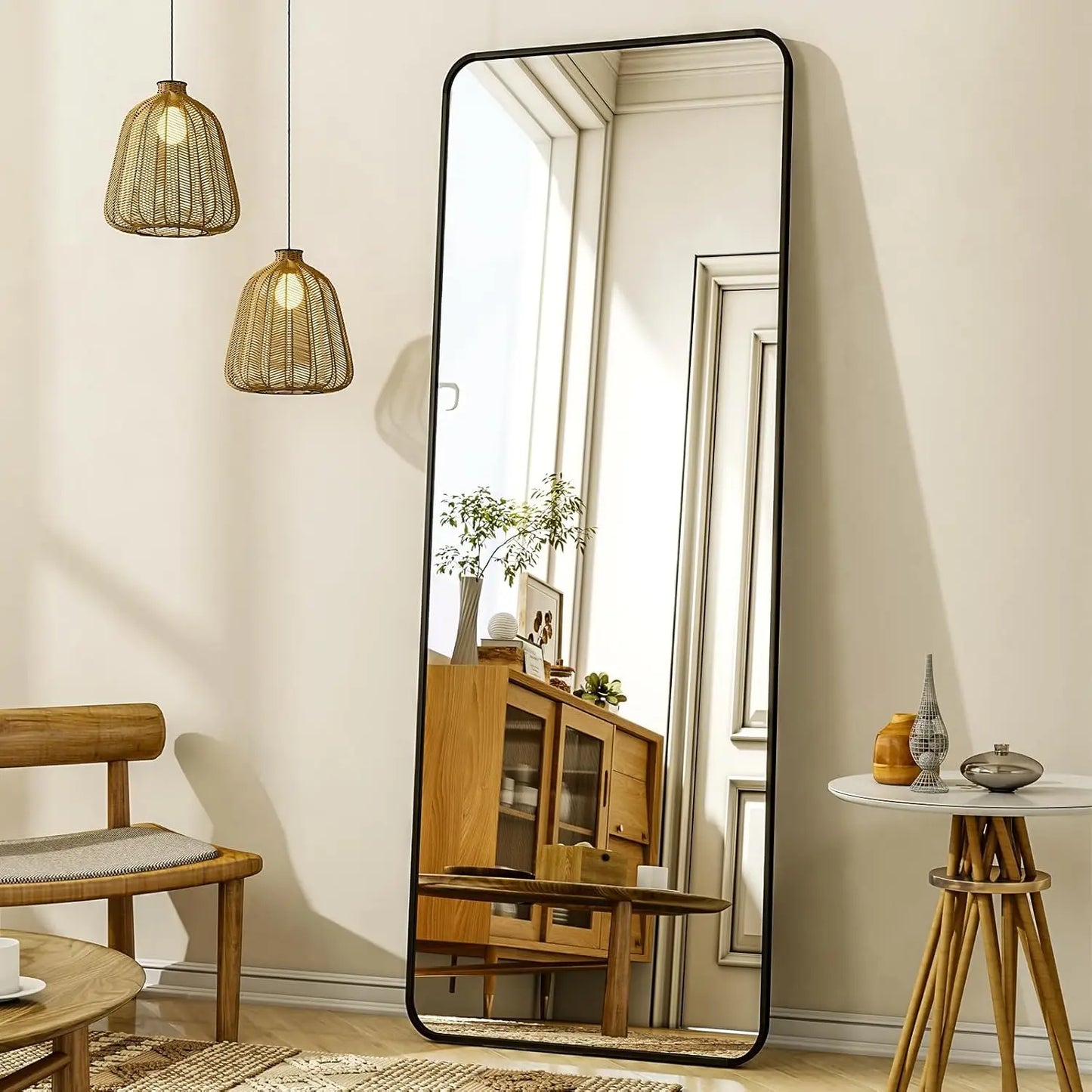 56"x21" Floor Full Length Mirror Standing Full Body Rounded Corner Rectangle Mirrors with Stand Hanging Wall Mounted Leaning Bed