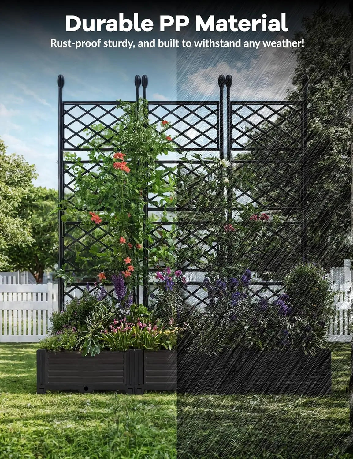 Set Of 3 Outdoor Raised Planter Boxes With Metal Trellis