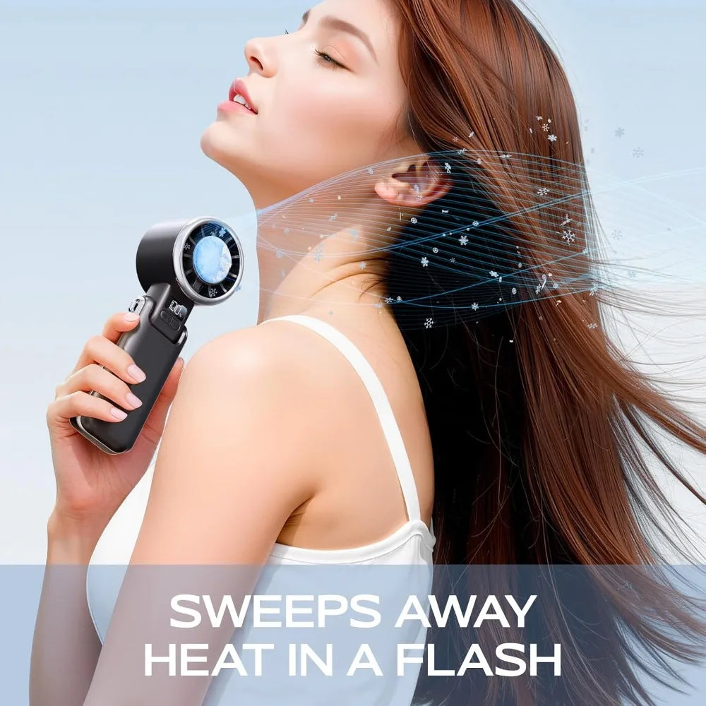 Portable Handheld Fan with Ice Cooling - 5 Speed Turbo, 13H Battery, Foldable Mini Fan for Travel, Beach, Gifts (Black)
