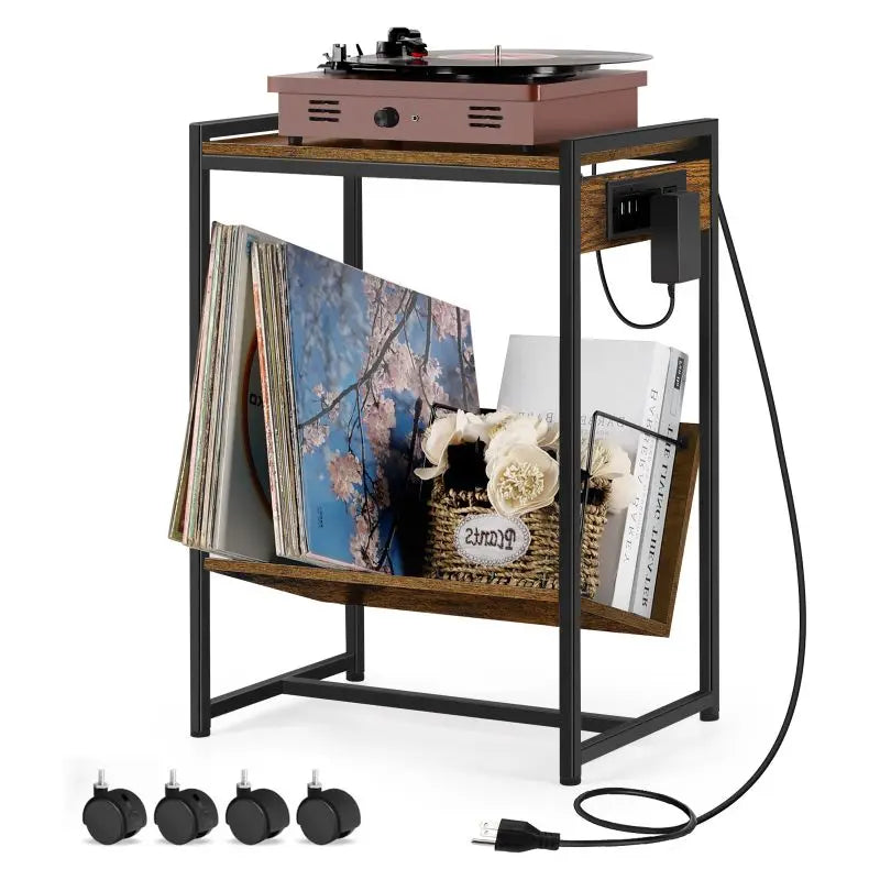 Record Player Stand With Vinyl Storage Table Charging Station
