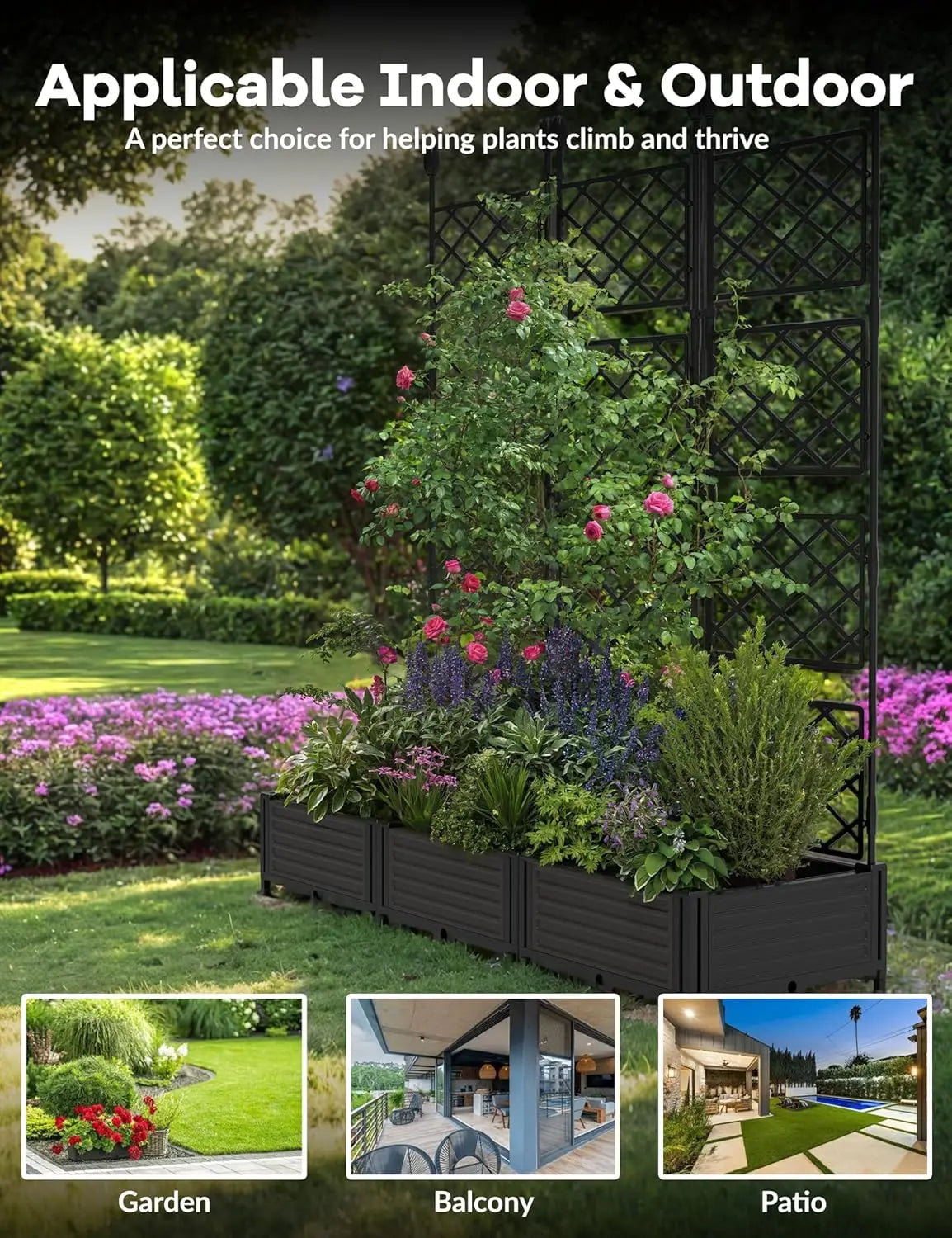 Set Of 3 Outdoor Raised Planter Boxes With Metal Trellis