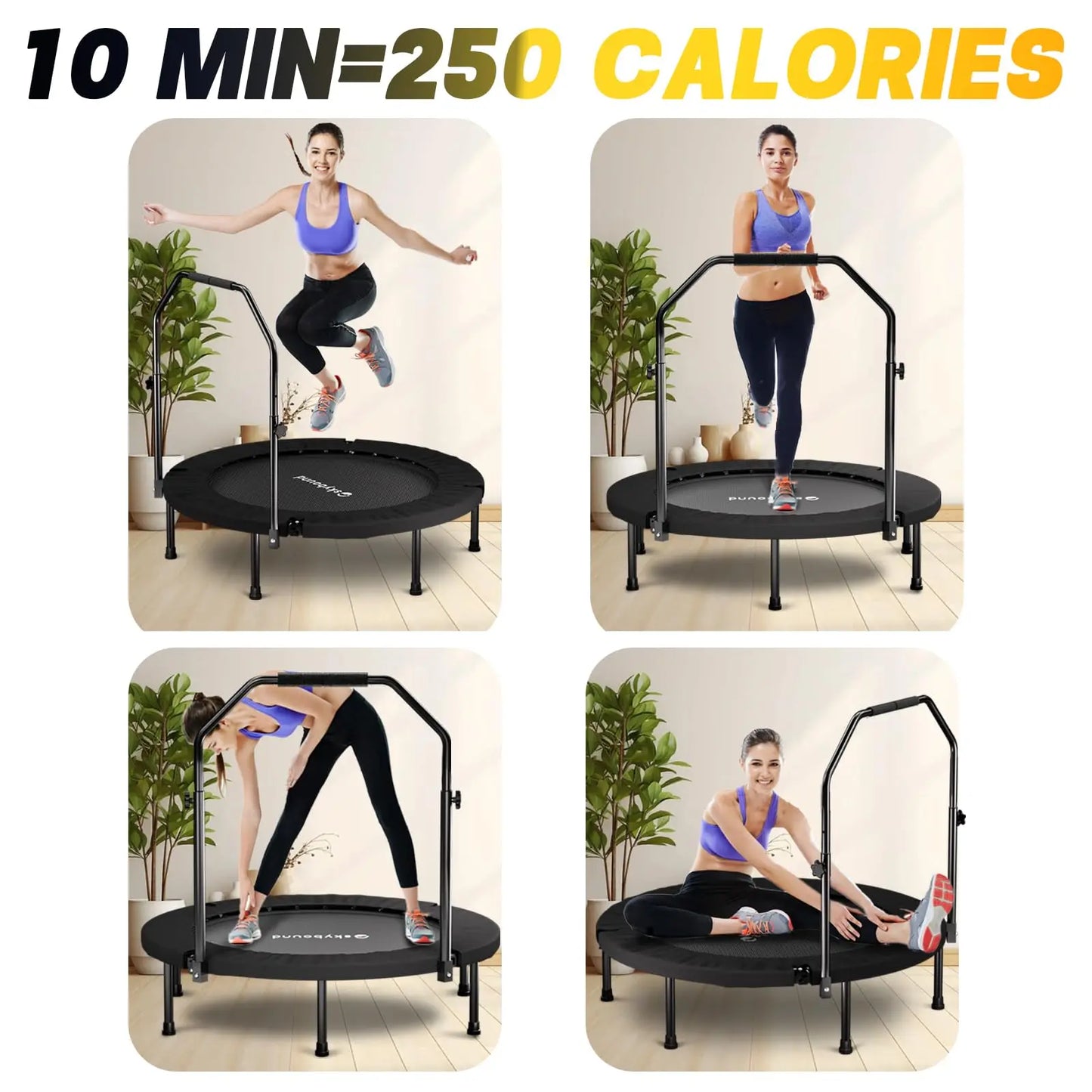 Foldable Rebounder Trampoline With Adjustable U Bar Handle 350 Lbs