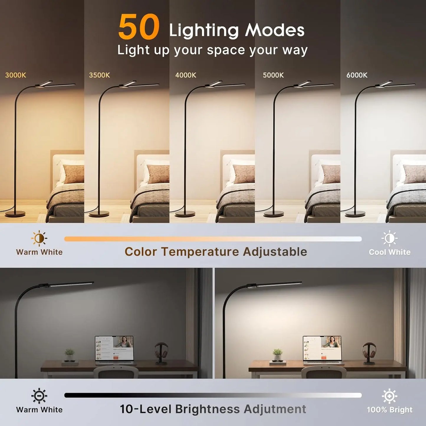 LED Floor Lamp With Gesture And Remote Dimmable Gooseneck