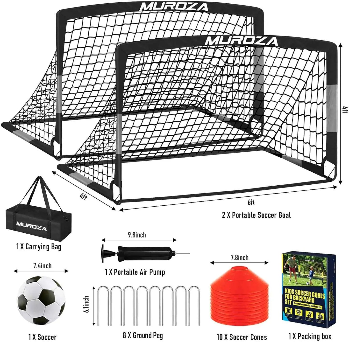 Portable Pop Up Soccer Goals Set of 2 with Ball, Cones, Pump, and Stakes for Backyard Training