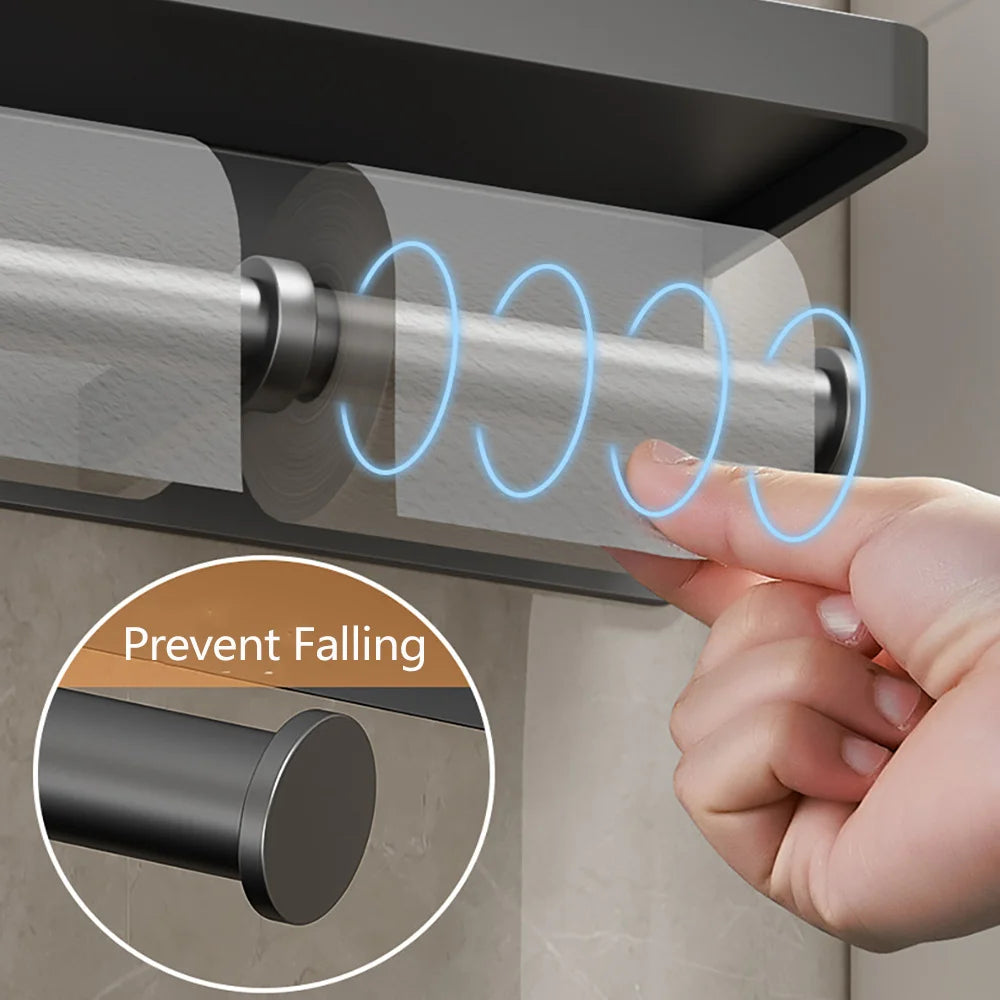 Wall Mounted Aluminum Double Toilet Paper Holder With Storage Tray
