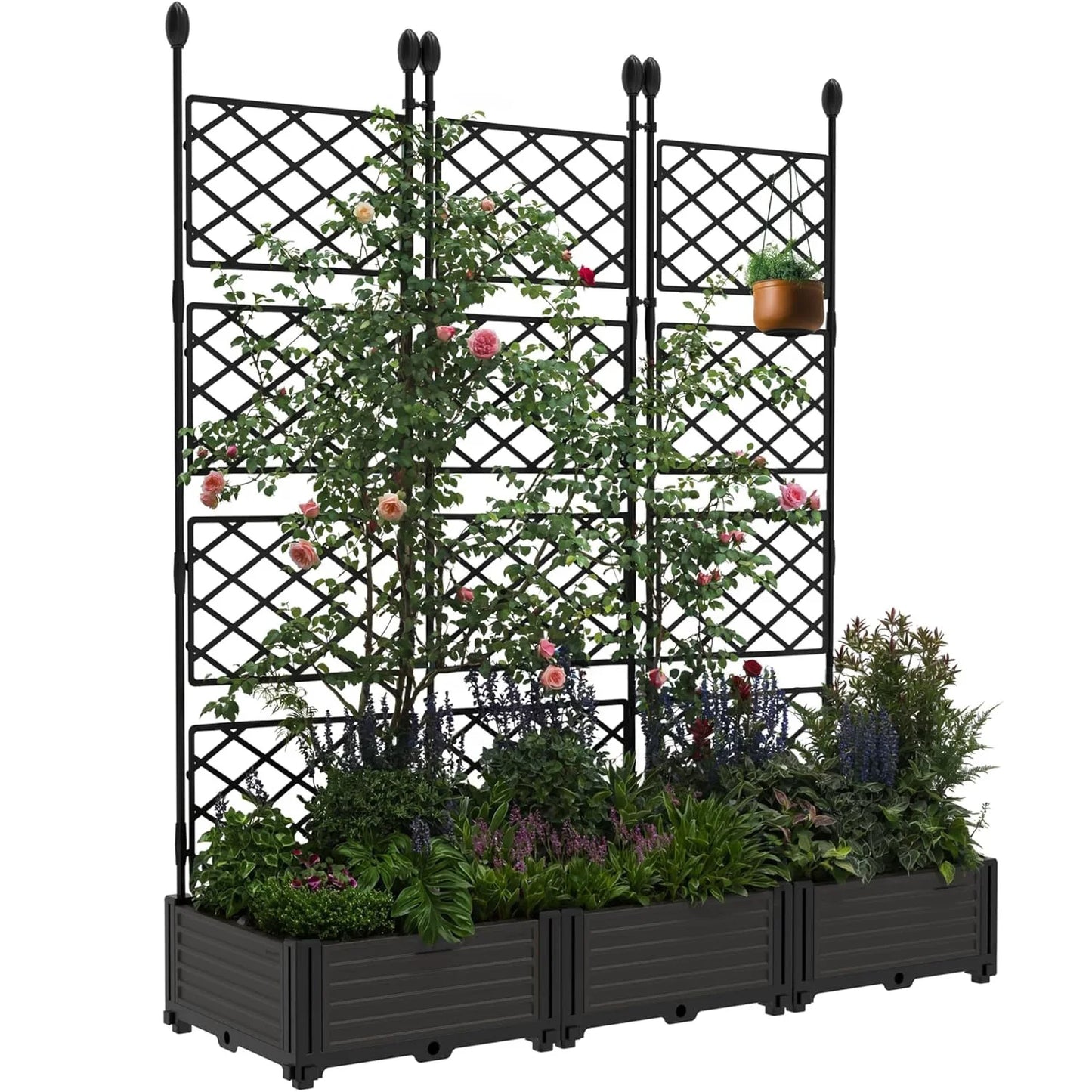 Set Of 3 Outdoor Raised Planter Boxes With Metal Trellis