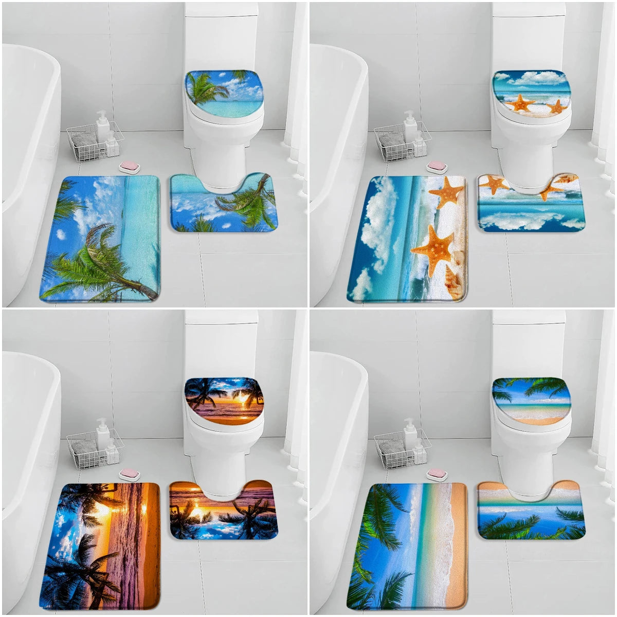 NONECN Beach Seascape Bath Mat Set 3 Piece Non Slip