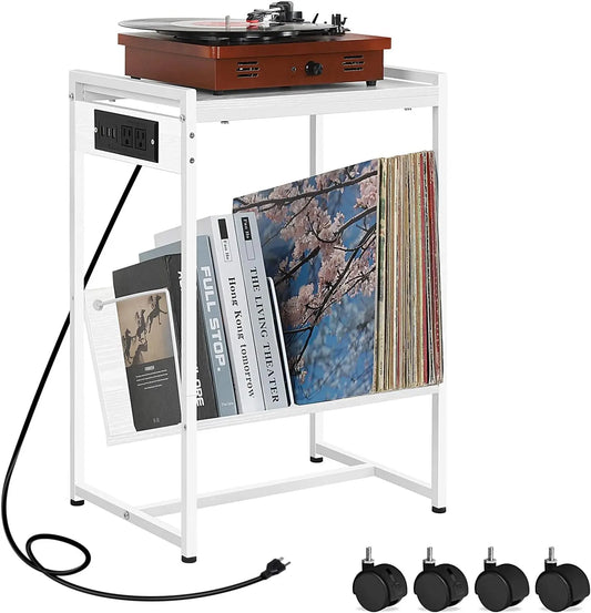 Record Player Stand With Vinyl Storage And Charging Station