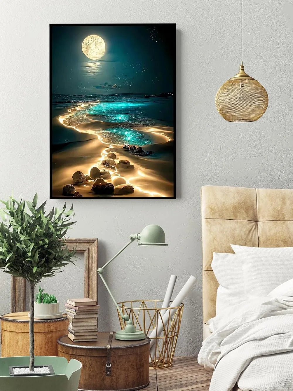 Moonlight Beach Diamond Painting Kit for Adults, 5D Seaside Diamond Art, DIY Full Drill, 12x16 Inch Home Wall Decor