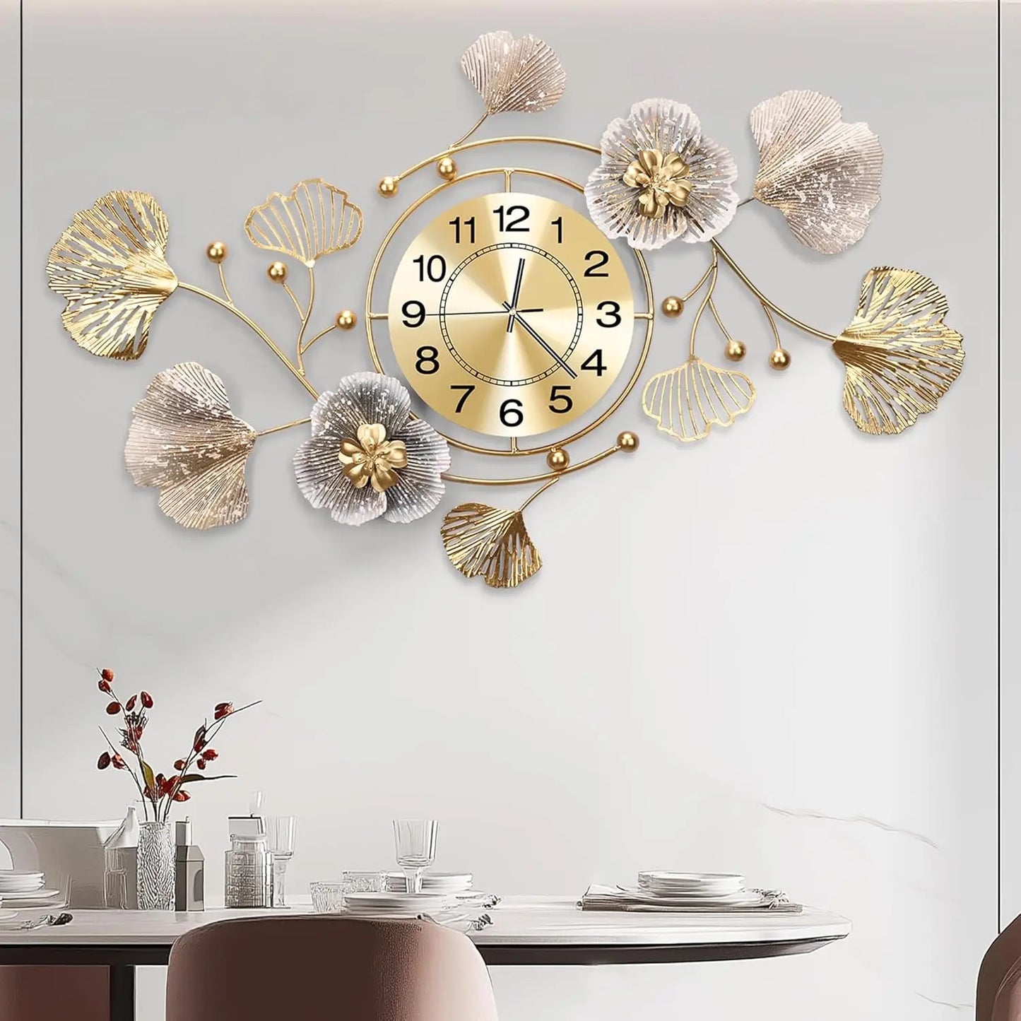 Silent Wall Clock With Retro Ginkgo Leaf 3D Art Decor