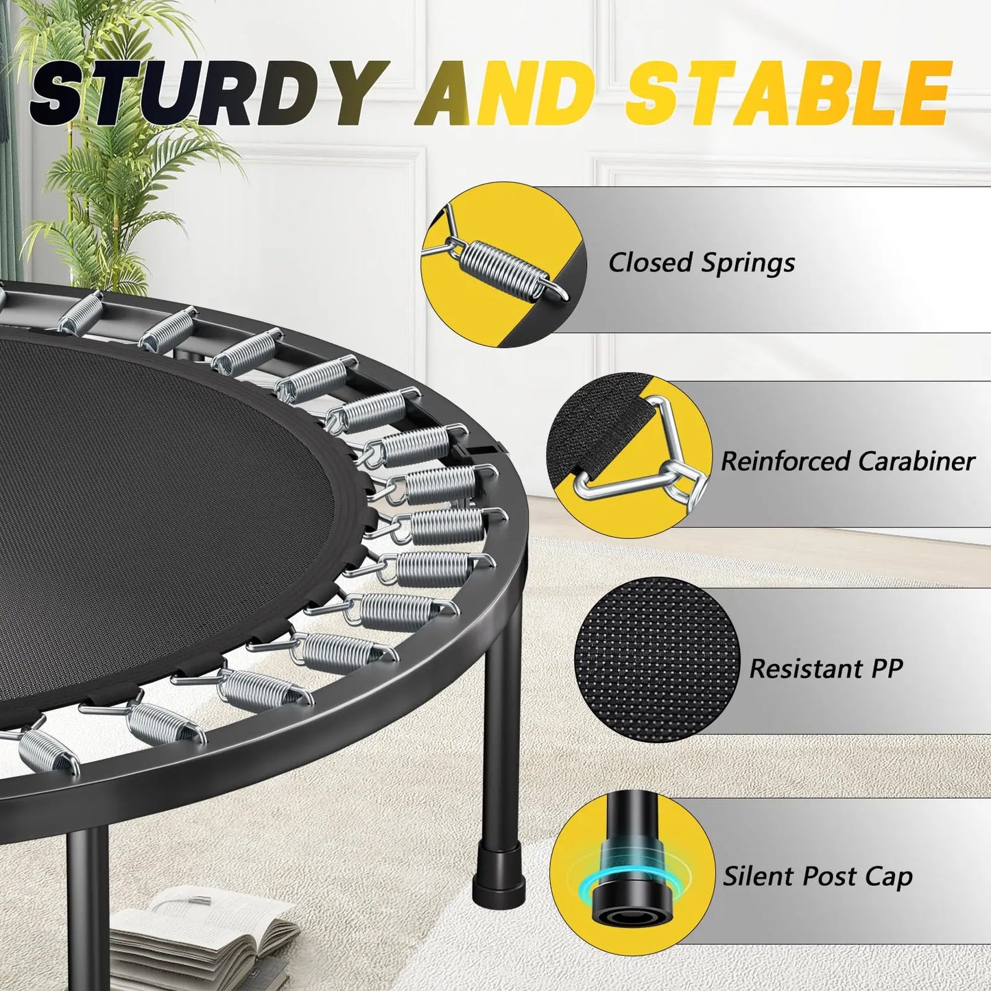 Foldable Rebounder Trampoline With Adjustable U Bar Handle 350 Lbs