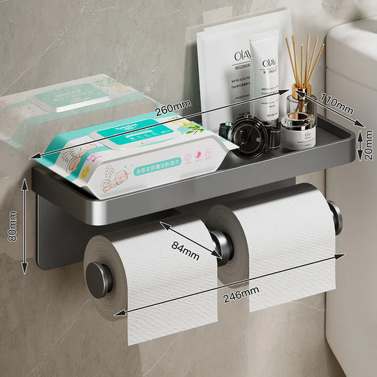 Wall Mounted Aluminum Double Toilet Paper Holder With Storage Tray