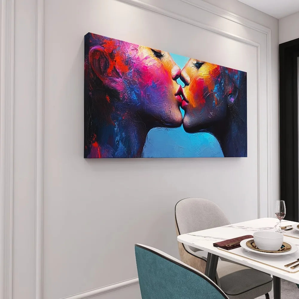 Female Kissing Poster With Solid Wood Frame For Living Room Bedroom Hallway