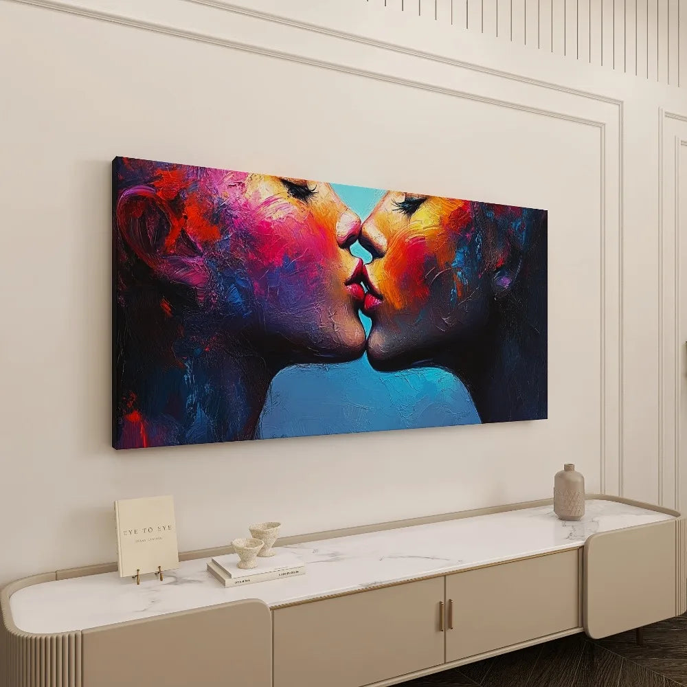 Female Kissing Poster With Solid Wood Frame For Living Room Bedroom Hallway