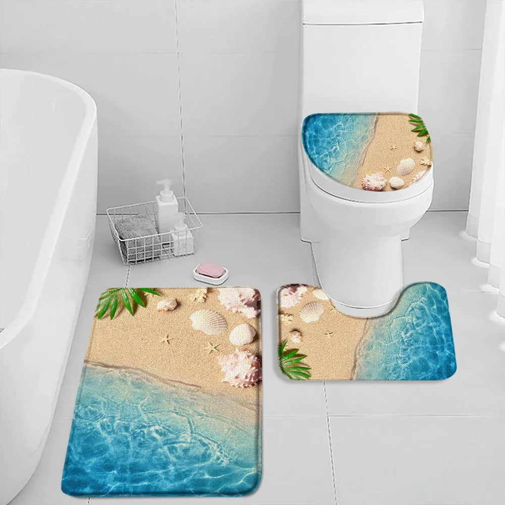 NONECN Beach Seascape Bath Mat Set 3 Piece Non Slip