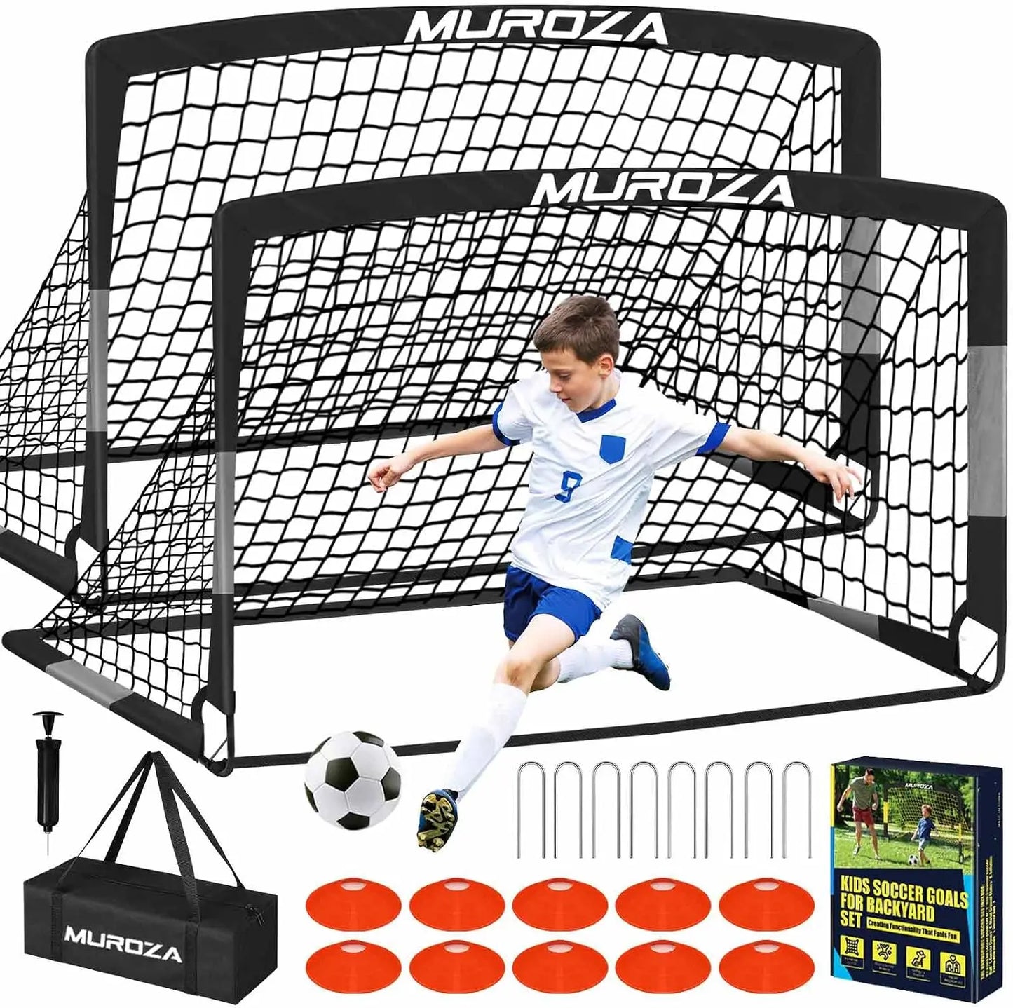 Portable Pop Up Soccer Goals Set of 2 with Ball, Cones, Pump, and Stakes for Backyard Training