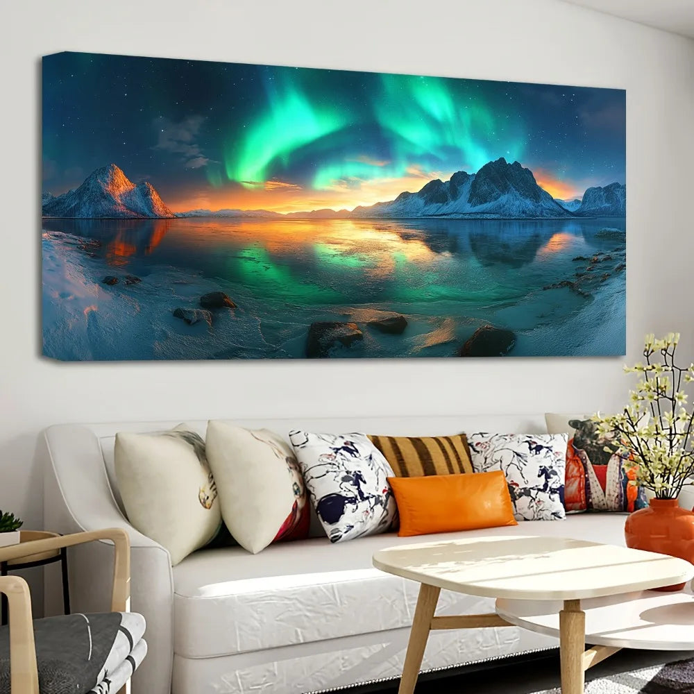 Pine Frame Snow Mountain Aurora Landscape Painting Wall Decor